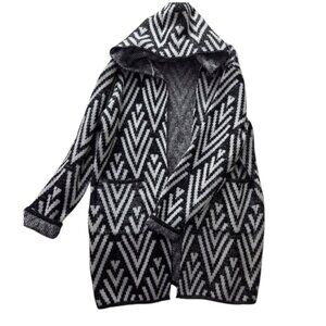 Papillon Hooded Geometric Open Front Coatigan Black White S/M